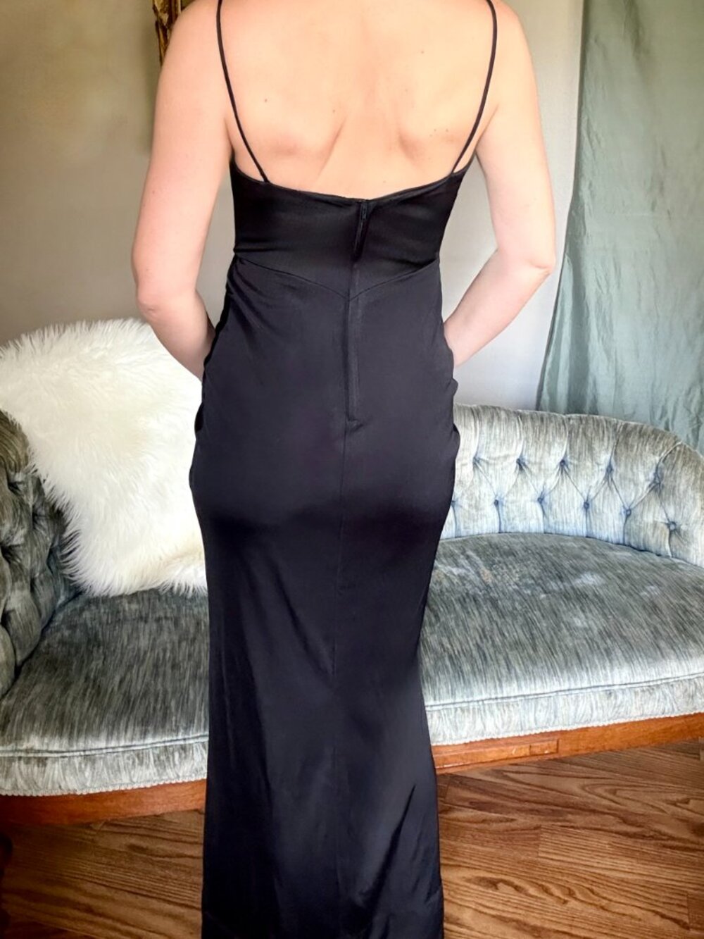 Vintage Fredericks of Hollywood Black Ruched Spaghetti Strap Evening Dress XS - Picture 3 of 9
